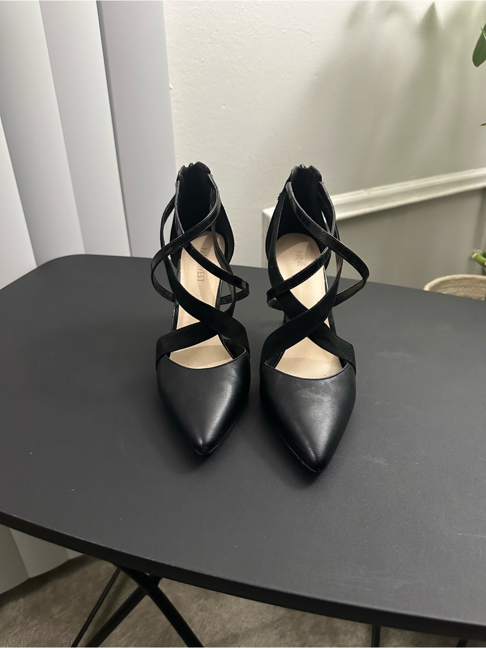 Black Nine West Zorever Leather Cross-Band Pointed Toe Stiletto Pumps